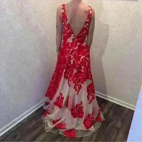 Red and beige floral prom dress. Size 3 from Windsor. - Picture 3 of 5